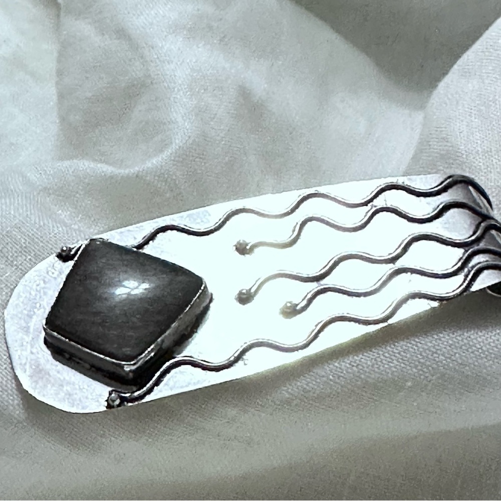 Hand Crafted SILVER SHEEN OBSIDIAN Silver-Tone Necklace Art Deco Style - Picture 10 of 12